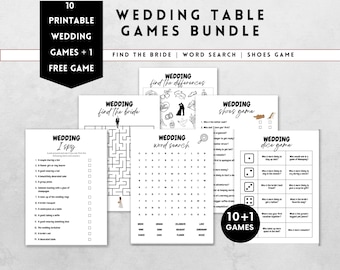 May include: A set of 10 printable wedding table games, including "Find the Bride", "Word Search", "Shoes Game", "I Spy", and "Dice Game". The games are black and white and feature a wedding theme.