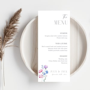 Wildflower Wedding Menu Template, Printable Floral Minimalist Dinner Card, Spring Flowers Table Menu, Editable Canva Wedding Menu - WED06