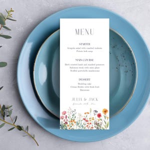 Colorful Wildflower Wedding Menu , Editable Floral Template, Boho Style Printable Dinner Card, Rustic Wedding Decor, Canva DIY Menu - WED06