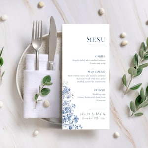 French Blue Wedding Menu Template, Editable Toile de Jouy Canva Menu Card, Printable Floral Dinner Menu for Elegant Garden Weddings - WED05