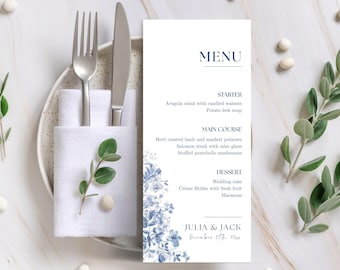 French Blue Wedding Menu Template, Editable Toile de Jouy Canva Menu Card, Printable Floral Dinner Menu for Elegant Garden Weddings - WED05