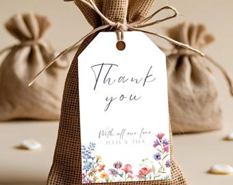 Wildflower Wedding Favor Tag Template, Printable Thank You Tag, Boho Floral DIY Gift Tag for Bridal Shower, Editable Canva Template - WED06