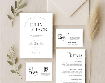 Minimalist Wedding Invitation Bundle with QR Code RSVP & Details Card, Modern Invite Suite, Elegant Editable Canva Template - WED01