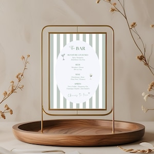 Editable Bar Menu Template, Vintage Green Stripes Bar Sign, Canva Signature Drink Sign for Wedding, Bridal Shower & Rehearsal Dinner - WED07