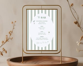 Editable Bar Menu Template, Vintage Green Stripes Bar Sign, Canva Signature Drink Sign for Wedding, Bridal Shower & Rehearsal Dinner - WED07