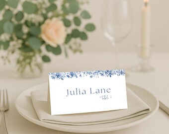 Tarjeta de lugar para boda con estilo chinoiserie azul, elegante etiqueta plegable para invitados (editable en Canva, descarga digital) - WED05