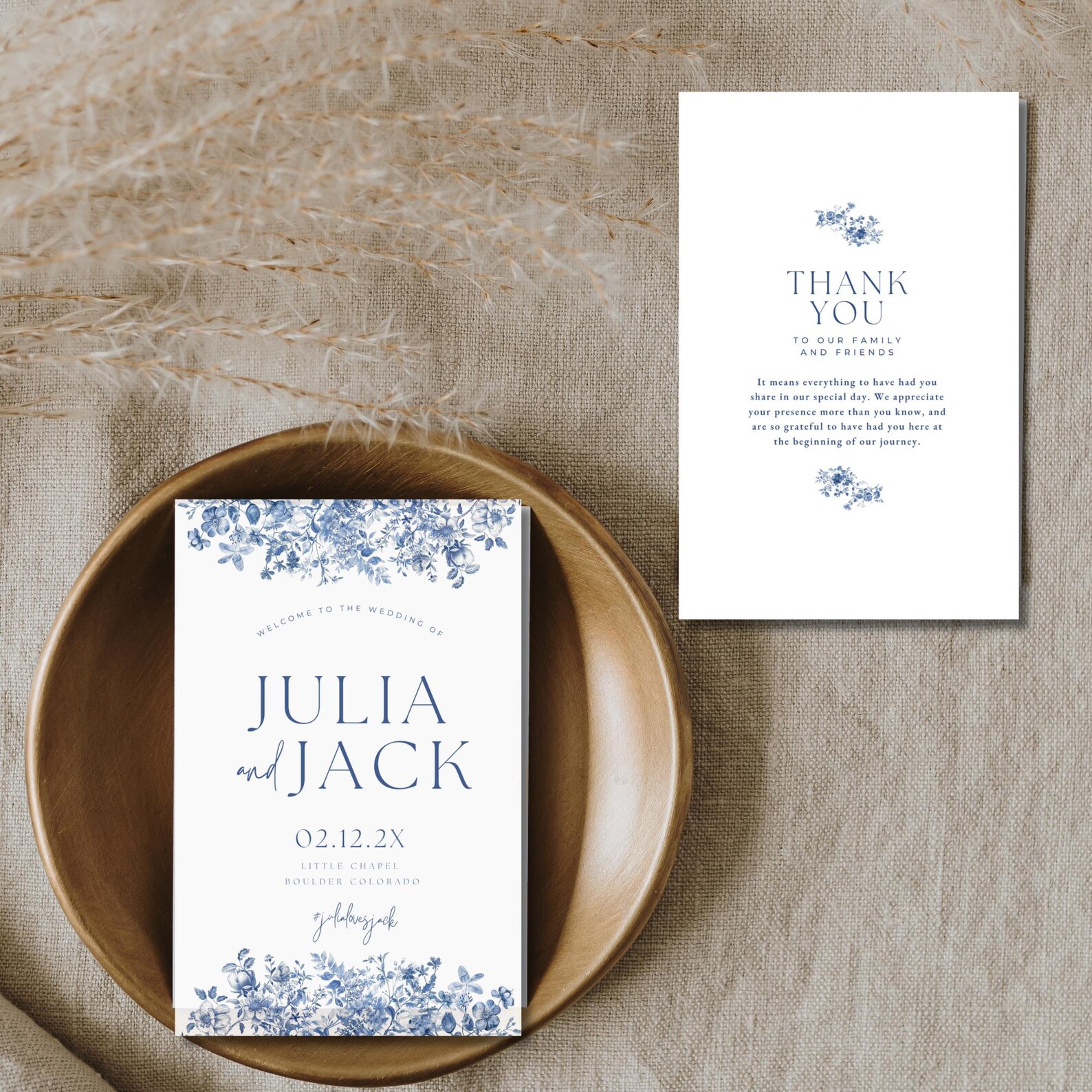Dusty Blue Toile Wedding Program, Elegant Printable Itinerary Template