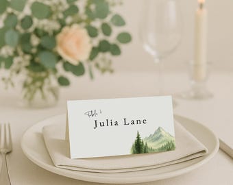 Mountain Wedding Place Card, Editable Canva Template for Rustic Receptions, Printable Wedding Guest Name Tag, Dinner Seating Card - WED03