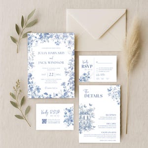 French Blue Toile Wedding Invitation Suite, Blue Chinoiserie Invite Bundle, Editable Canva Wedding Invite, Details & RSVP Template - WED05