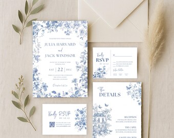 Puede incluir: Un conjunto de papelería de boda con un diseño floral azul. El conjunto incluye una invitación, una tarjeta de confirmación de asistencia, una tarjeta de detalles y una tarjeta pequeña con un código QR. La invitación incluye los nombres Julia Harvard y Jack Windsor.