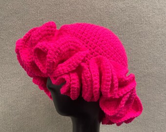 Crochet Solid Dramatic Ruffle Wavy Hat