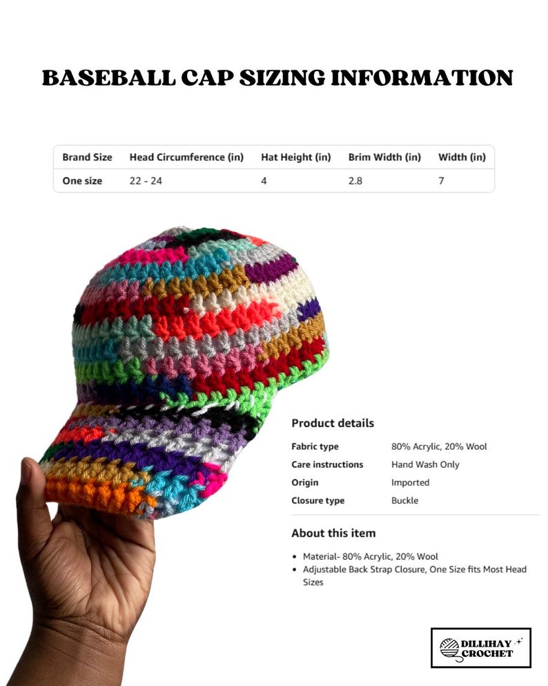 May include: A multicolored crochet baseball cap featuring a vibrant pattern of red, blue, green, orange, purple, and white yarn. The image includes a sizing chart with head circumference of 22-24 inches, hat height of 4 inches, and brim width of 2.8 inches.