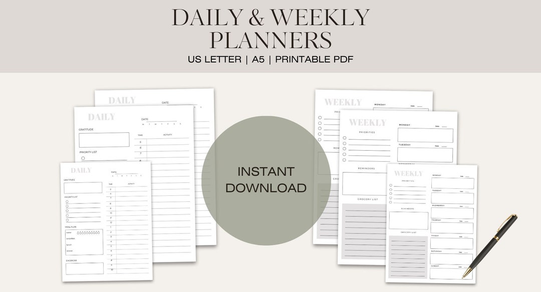 Minimalist Daily and Weekly Printable Planner Pages (letter US & A5 ...