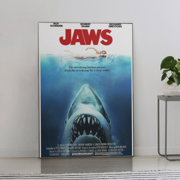 Jaws, 1975 American classic horror film - Movie Fan Collectibles - Vintage Movie Poster - Home Decor - Wall Art