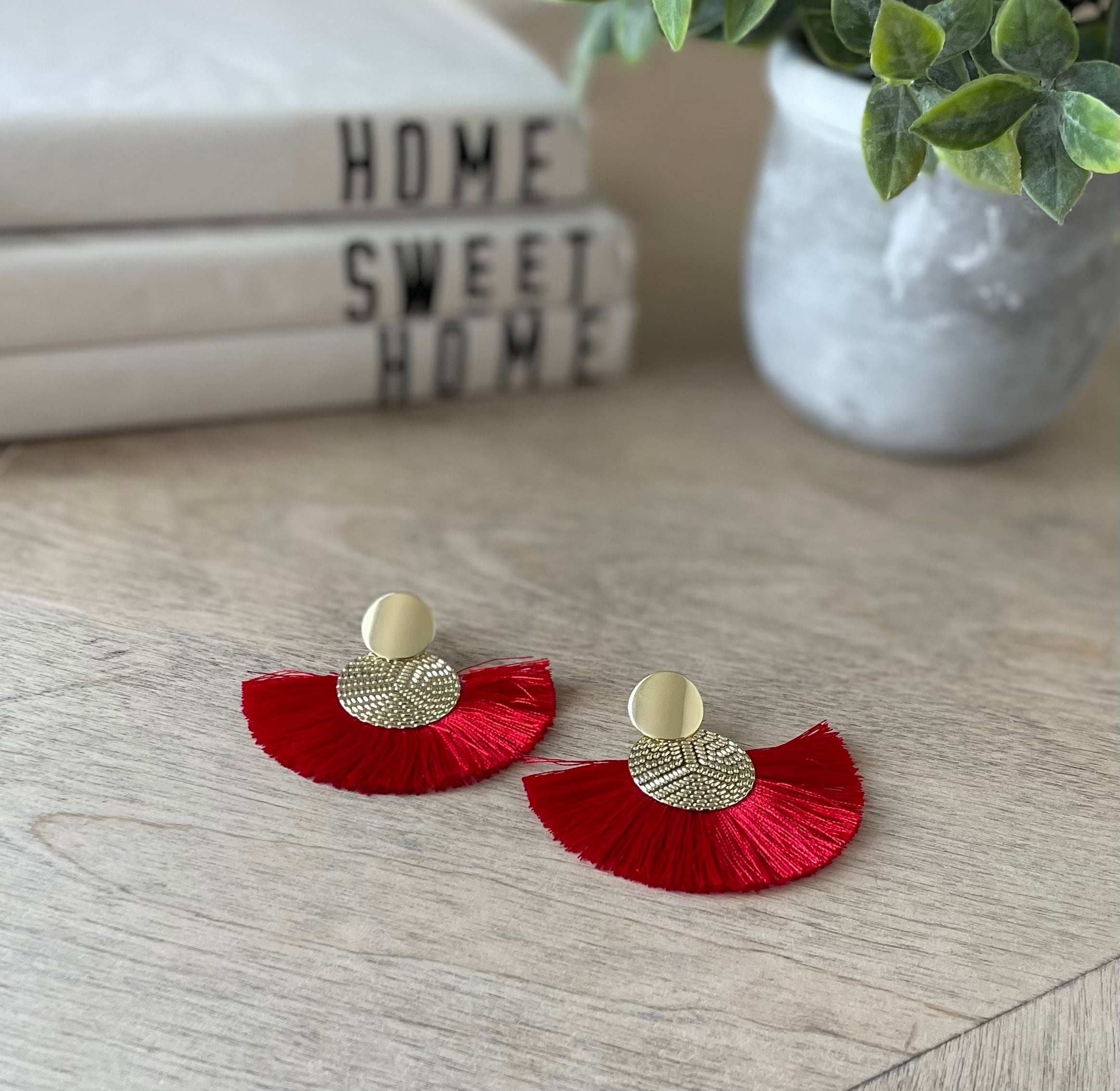 Earrings metallic tassel red gold earrings for her beach summer spring accessories island islander boho bohemian native ethnic style jewelry