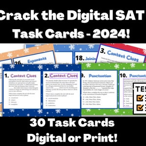 Könnte beinhalten: Ein Bild von SAT-Aufgabenkarten mit dem Text "Crack the Digital SAT Task Cards - 2024!". Die Karten in verschiedenen Farben behandeln Themen wie Exponenten, Kontext-Hinweise und Zeichensetzung. Der Text "30 Task Cards Digital or Print!" ist ebenfalls enthalten.