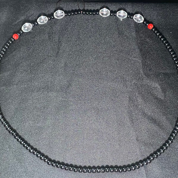 Elegant and beautiful handmade: Black, Red, and Clear Beaded Necklace. Jewelry for any occasion including casual wear.