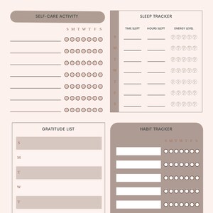 K&ouml;nnte beinhalten: Ein druckbarer Wellness-Tracker mit Abschnitten f&uuml;r Selbstpflege-Aktivit&auml;ten, Schlaf-Tracking, Dankbarkeit und Gewohnheits-Tracking. Der Tracker ist f&uuml;r den Monat Januar, Woche 1, konzipiert.