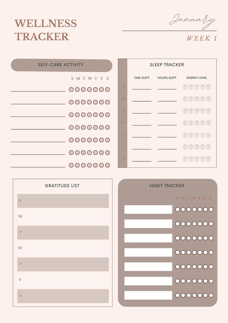 K&ouml;nnte beinhalten: Ein druckbarer Wellness-Tracker mit Abschnitten f&uuml;r Selbstpflege-Aktivit&auml;ten, Schlaf-Tracking, Dankbarkeit und Gewohnheits-Tracking. Der Tracker ist f&uuml;r den Monat Januar, Woche 1, konzipiert.