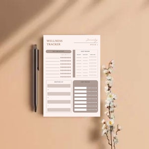 K&ouml;nnte beinhalten: Ein druckbarer Wellness-Tracker mit Abschnitten f&uuml;r Selbstpflege-Aktivit&auml;ten, Schlaf-Tracking, Dankbarkeitsliste und Gewohnheits-Tracking. Der Tracker ist minimalistisch gestaltet und hat einen hellbraunen Hintergrund.