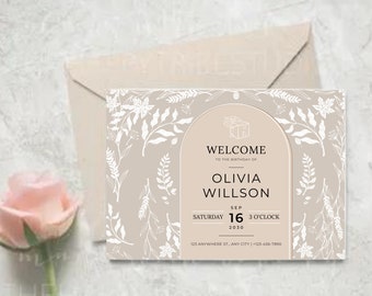 Minimalist Floral Birthday Invitation | Editable Party Card (PDF)