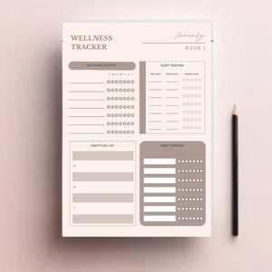K&ouml;nnte beinhalten: Ein druckbarer Wellness-Tracker mit Abschnitten f&uuml;r Selbstpflege-Aktivit&auml;ten, Schlaf-Tracking, Dankbarkeitstagebuch und Gewohnheits-Tracking. Der Tracker ist f&uuml;r den Monat Januar, Woche 1, konzipiert.