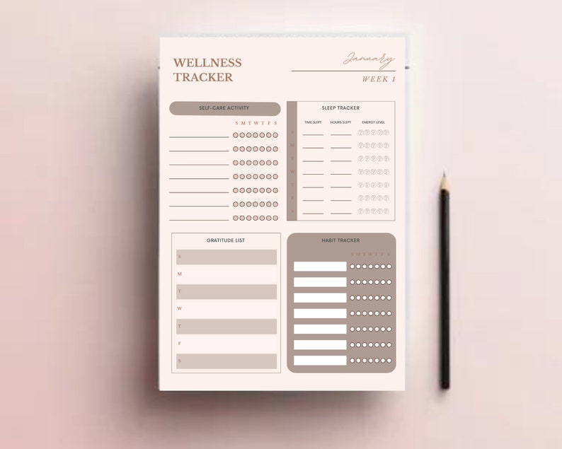 K&ouml;nnte beinhalten: Ein druckbarer Wellness-Tracker mit Abschnitten f&uuml;r Selbstpflege-Aktivit&auml;ten, Schlaf-Tracking, Dankbarkeitstagebuch und Gewohnheits-Tracking. Der Tracker ist f&uuml;r den Monat Januar, Woche 1, konzipiert.