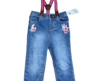 NWT baby bgosh floral embroided denim pants with suspenders