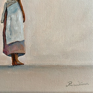 May include: An oil painting depicts a figure in a white head covering and apron, standing against a light pink background. The figure's legs are visible, with a skirt in shades of pink and brown. The artist's signature is in the lower right corner.