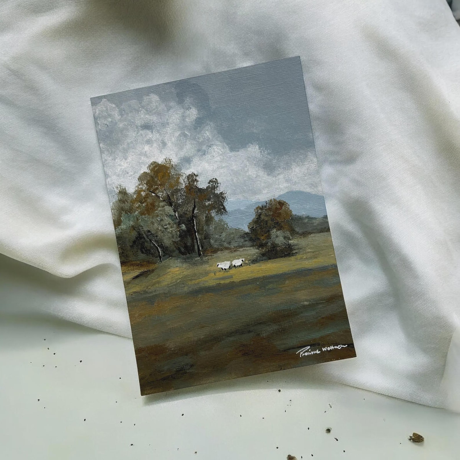 Original Hand-painted Muted Landscape Fine Art Print, Two Grazing Sheep ...
