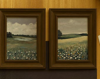 Set of 2 Hand-Painted Meadow Fine Art Prints – Moody Landscape Wall Art, Rustic Countryside Decor, Vintage-Style Wildflowers Field, Unframed