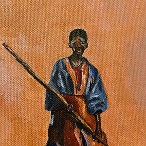 May include: An oil painting depicts a person holding a long oar. The person is wearing a blue and orange garment. The background is a solid orange color. The painting has a textured canvas appearance.