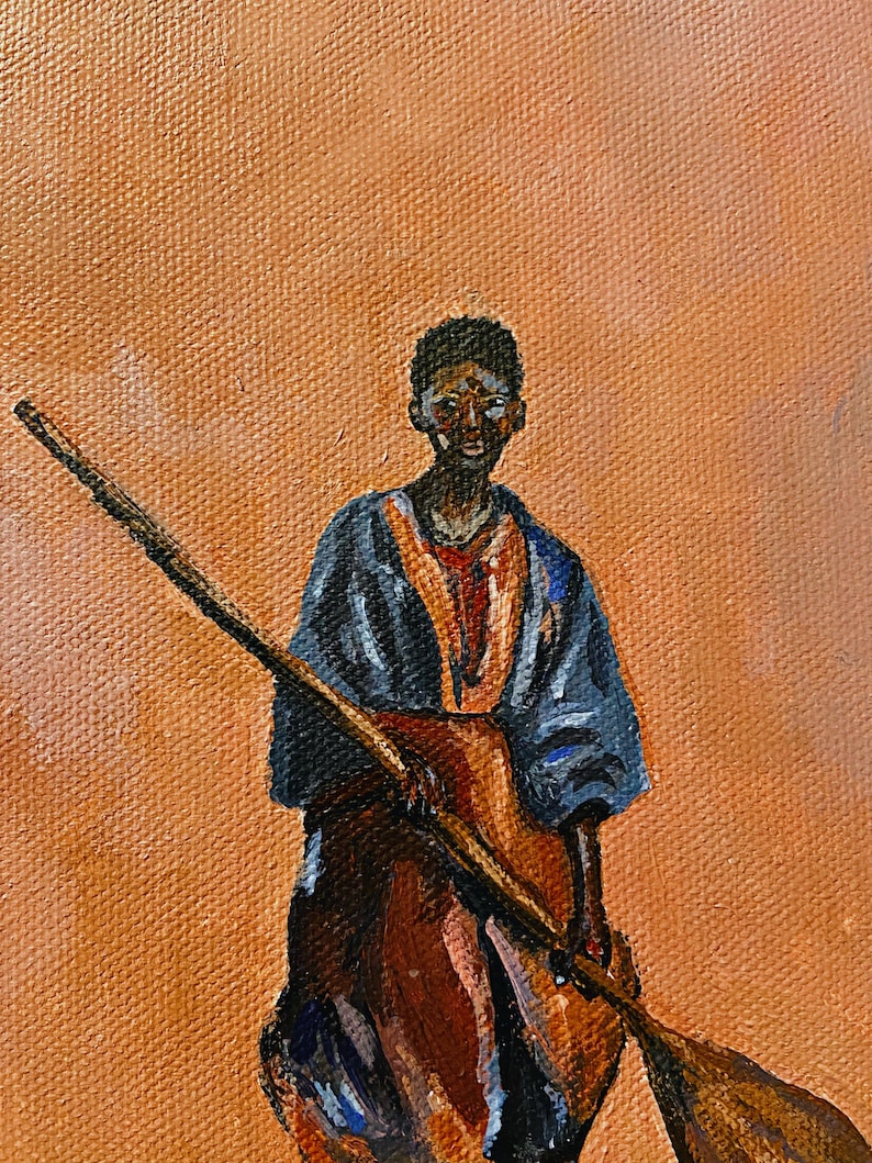 May include: An oil painting depicts a person holding a long oar. The person is wearing a blue and orange garment. The background is a solid orange color. The painting has a textured canvas appearance.