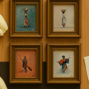 May include: Four small rectangular paintings in metallic gold frames. The top left shows a person carrying a basket on their head, the top right a person with a basket, the bottom left a person holding a long pole, and the bottom right a person dancing.