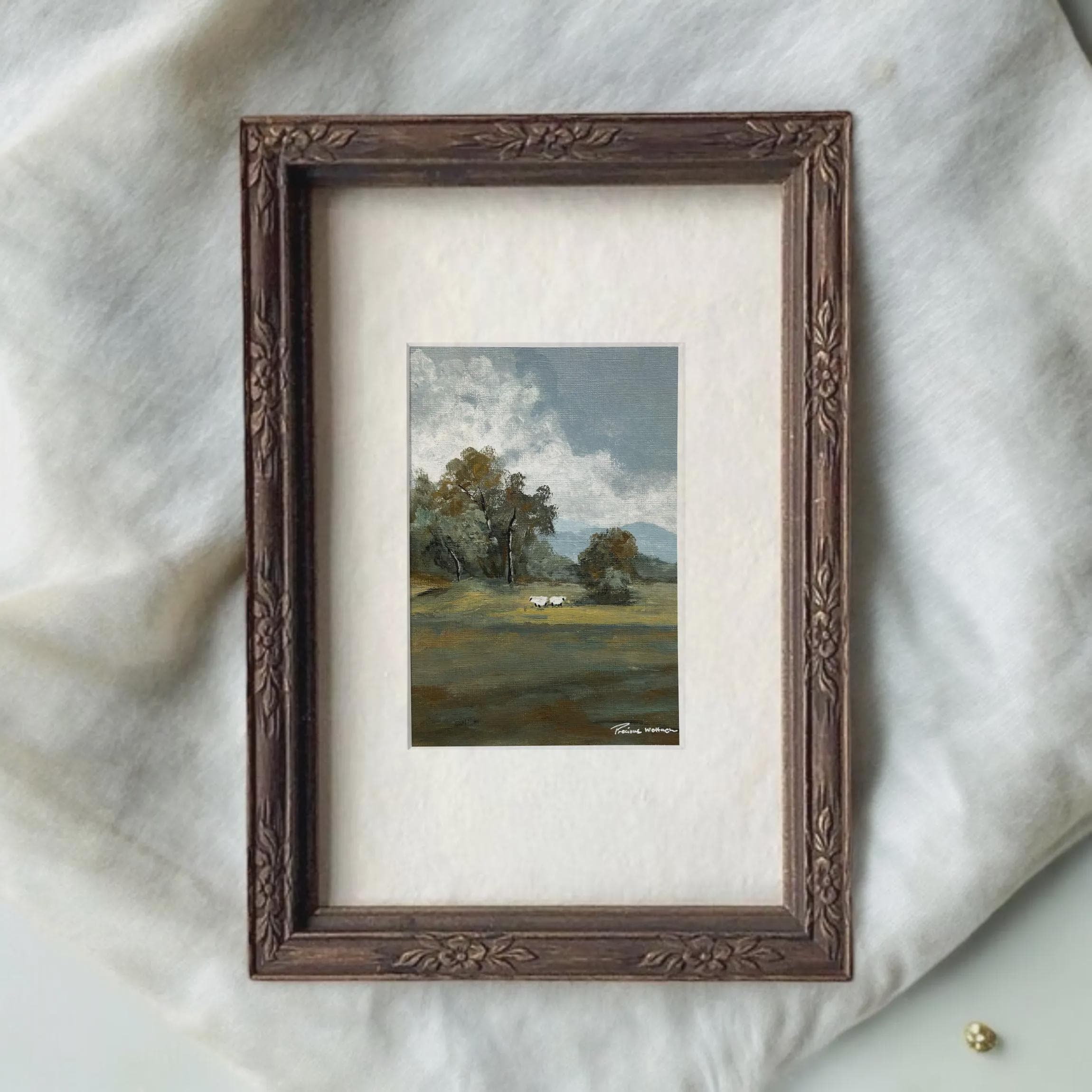 Original Hand-painted Muted Landscape Fine Art Print, Two Grazing Sheep ...