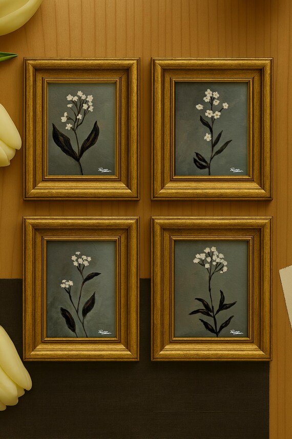 Original Handpainted White Floral Art Set, Moody Vintage Flowers, Acrylic on Paper, Set of 4 Originals, Optional Gold Frame, Not a Print