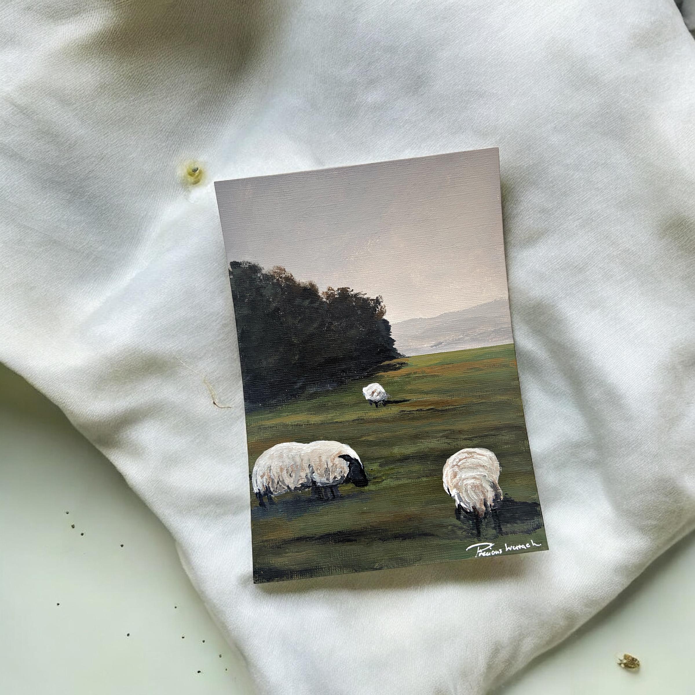 Original Hand-painted Muted Landscape Fine Art Print, Grazing Sheep ...