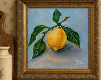 Framed Original Lemon Oil Painting, Hand-Painted Still Life, Oil on Gesso Board, 6x6 Inches, Vintage Framed Kitchen Art, One of a Kind