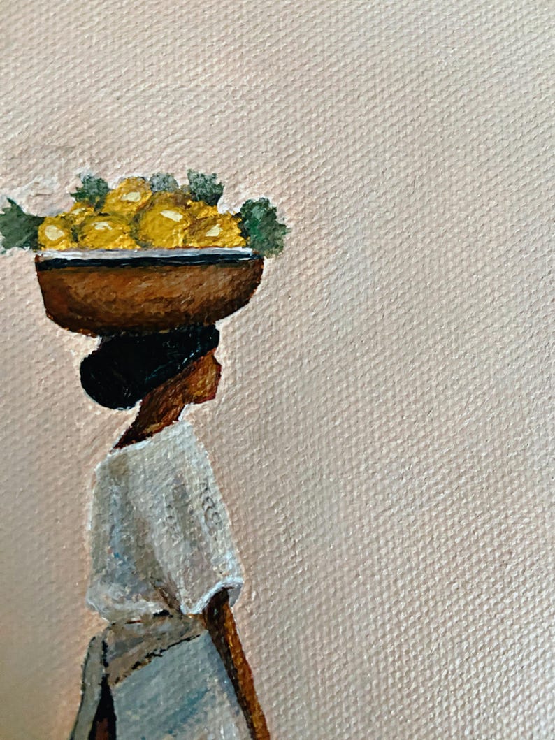 May include: An oil painting depicts a person carrying a bowl of yellow fruit on their head. The person is wearing a white top and a dark bun. The background is a light pink color.