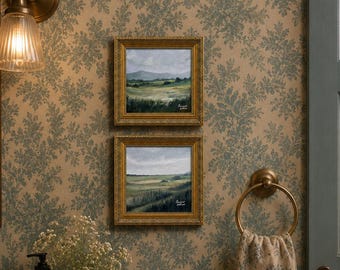 Set of Two Framed Original Landscape Oil Paintings, Moody Green Countryside, Oil on Gesso Board, 6x6 Inches Each, Small Landscape Art