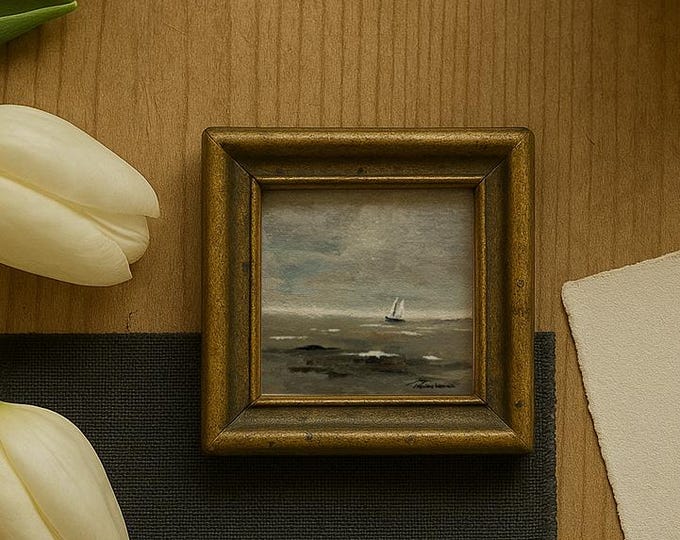 Unframed - Original Hand-Painted Sailboat Fine Art Print – Moody Seascape Wall Art, Vintage Coastal Decor, Nautical Ocean Painting