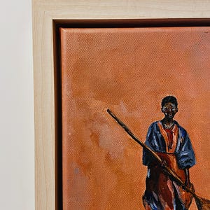 May include: Oil painting on canvas depicting a person in a blue and orange outfit holding a wooden oar. The artwork is set against a warm orange background and framed in a light wood frame.