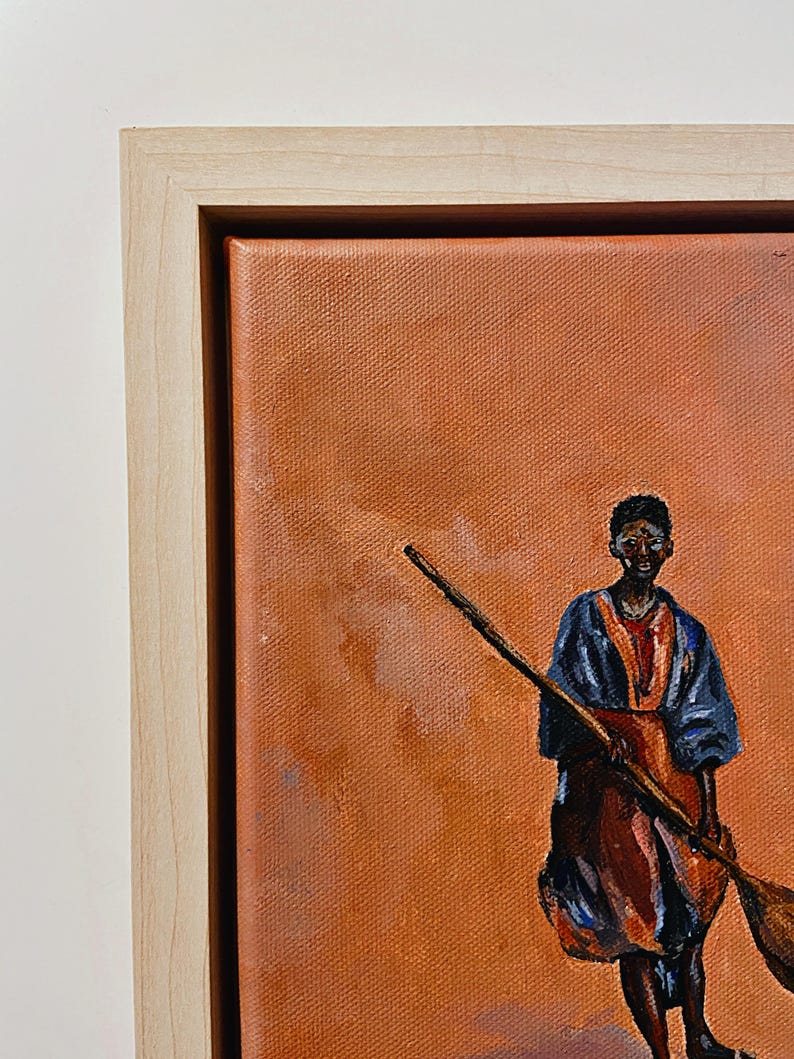 May include: Oil painting on canvas depicting a person in a blue and orange outfit holding a wooden oar. The artwork is set against a warm orange background and framed in a light wood frame.