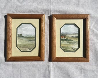 Limited Edition Set of 2 Framed Original Watercolor Landscapes, Hand Painted Countryside Art on Deckled Paper, 4x6, Not a Print
