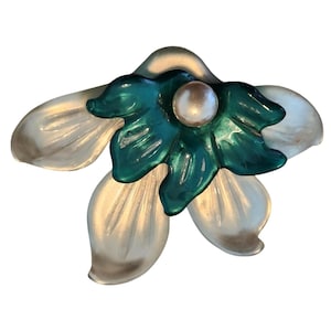 Lucite Flower Brooch, White/Green, Vintage