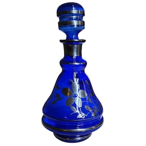 Rossini Empoli, Italy Decanter, Cobalt Blue with Silver Overlay, Vintage