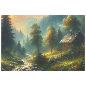 Serene Sunset River Poster - Üppiger Wald & Berge Kunstdruck - Wanddekoration für Naturliebhaber