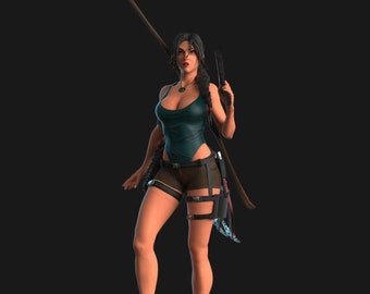 May include: A figurine of a female adventurer standing on a rocky base. She is wearing a green tank top, brown shorts, and black boots. She is holding a gun in one hand and a staff in the other.