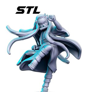 May include: A 3D printed figurine of a female anime character with long white hair, wearing a white and blue outfit and a black mask. The character is in a dynamic pose with one leg raised and her arms outstretched. The figurine is printed in a light gray color and is set on a circular base.