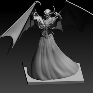 May include: A grayscale 3D-printed figurine of a horned demon with large bat-like wings. The figure is wearing a long robe and stands on a rectangular base. The wings are outstretched, and the figure has a stern expression.